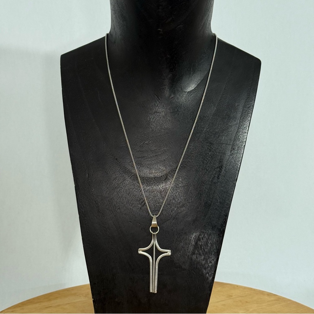 Sterling Silver Modernist 3-piece Cross Pendant & Popcorn Chain Necklace Italy